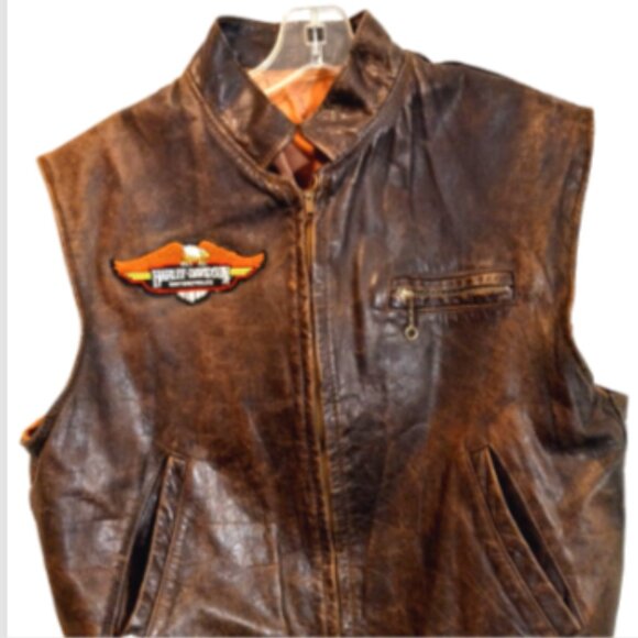 Men’s Distressed Brown Leather Vest XL Full Zip Lined Pockets Vintage w/ Patches - Picture 7 of 10